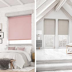 A split image showing a soft pink roller blind on the left, in a bedroom. On the right side are two grey roller blinds in another bedroom.
