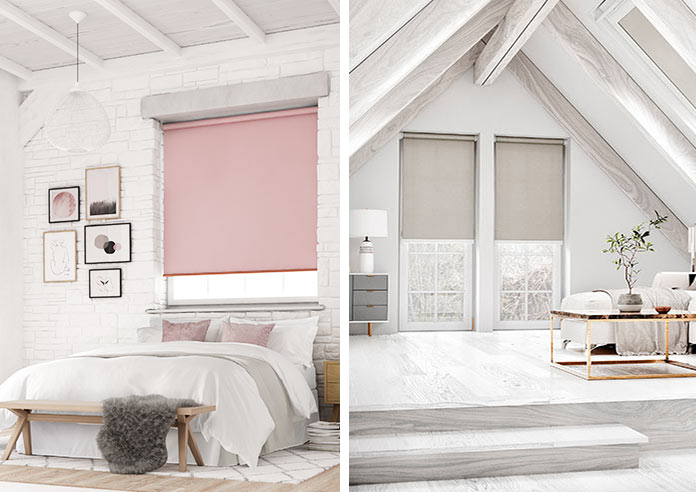 A split image showing a soft pink roller blind on the left, in a bedroom. On the right side are two grey roller blinds in another bedroom.