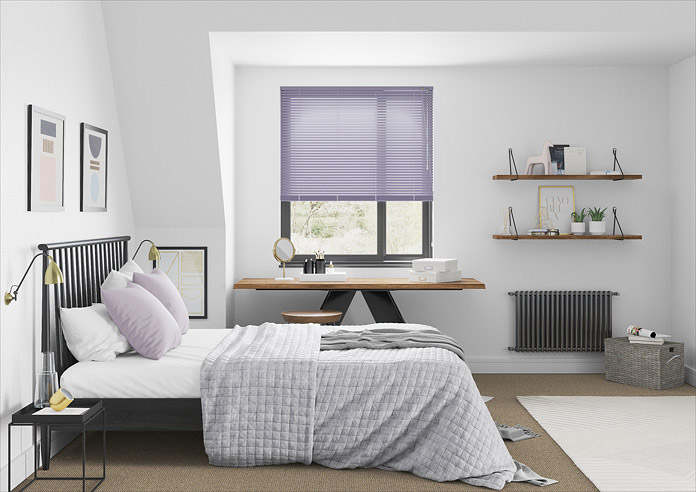 A bedroom with a beautiful purple aluminium venetian blind