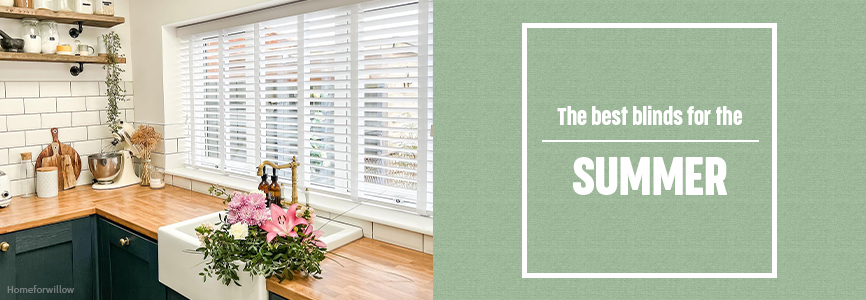 Blog banner with the title and an image of a wooden blind in a kitchen