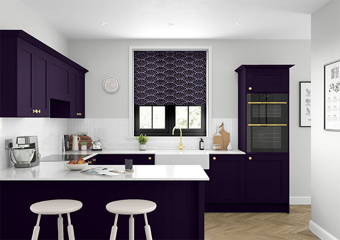A purple patterned roller blind in a modern kitchen