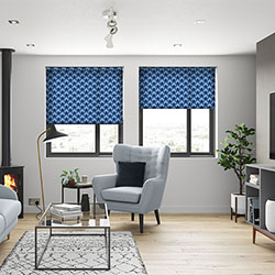 A blue patterned roller blind in a living room