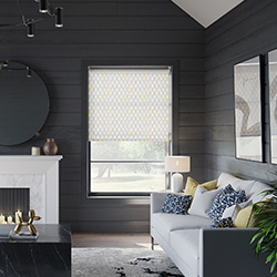A black painted living room is shown with a white and grey pattern roller blind in the window.