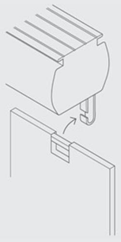 A graphic showing how to hang a vertical blind slat on a vertical headrail