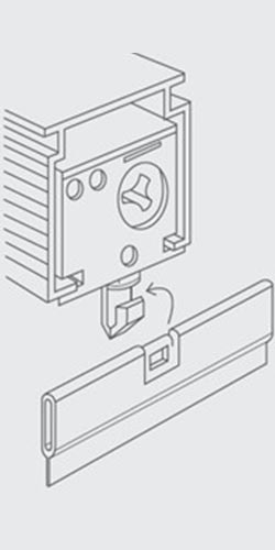 A graphic showing how to hang a vertical blind slat on a vertical headrail