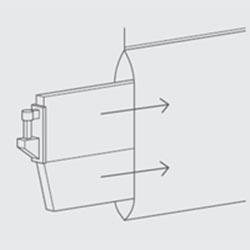 A graphic showing which way up to add a weight on a vertical blind